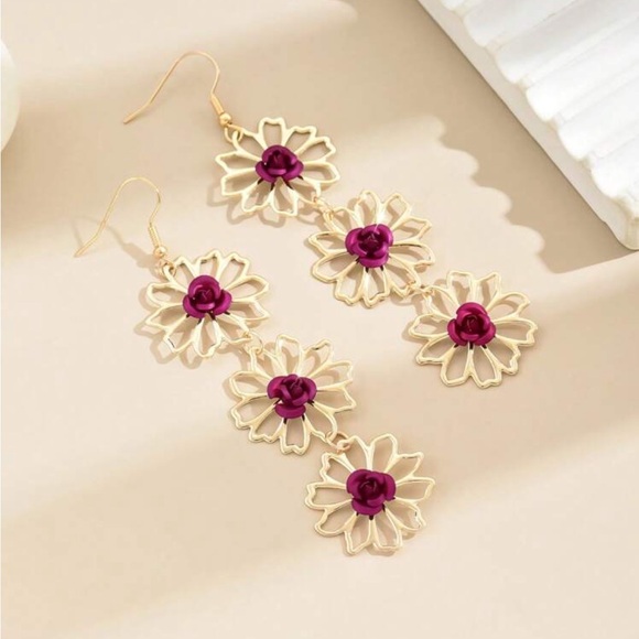 Gold Flower Earrings, Hot Pink Rose Earrings - Picture 4 of 4